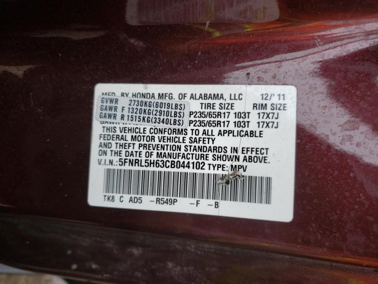 Photo 10 from auction – 2012 HONDA ODYSSEY EX with VIN 5FNRL5H63CB044102