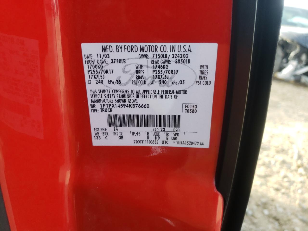 Photo 10 from auction – 2004 FORD F150 with VIN 1FTPX14594KB76660