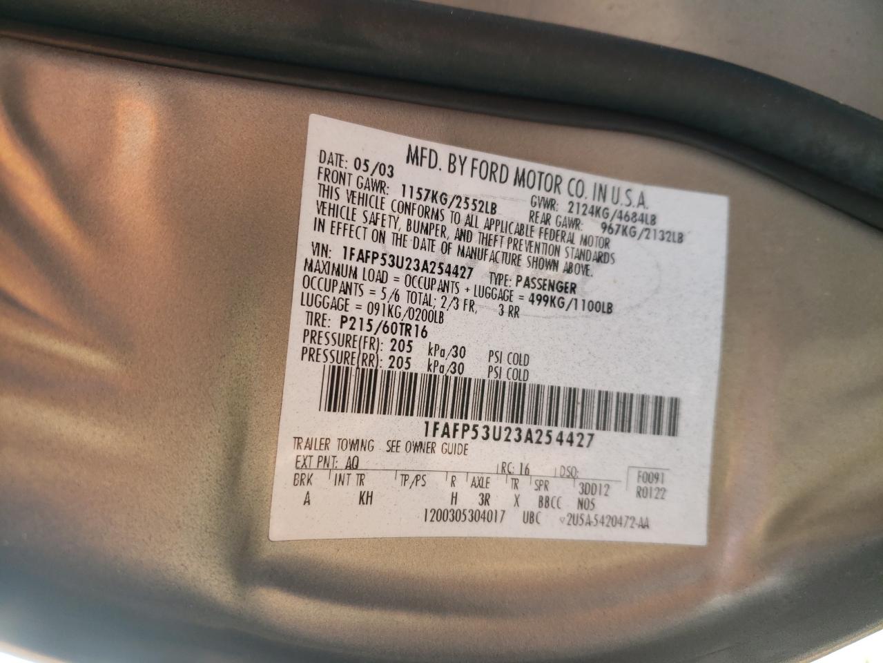 Photo 10 from auction – 2003 FORD TAURUS SE with VIN 1FAFP53U23A254427