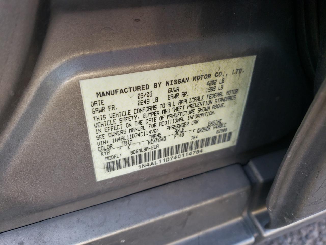 Photo 10 from auction – 2004 NISSAN ALTIMA BAS with VIN 1N4AL11D74C114784