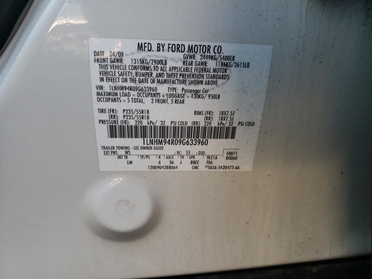 Photo 10 from auction – 2009 LINCOLN MKS with VIN 1LNHM94R09G633960