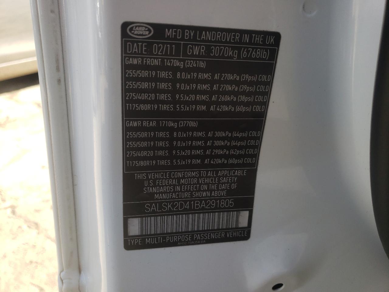 Photo 10 from auction – 2011 LAND ROVER RANGE ROVE with VIN SALSK2D41BA291805