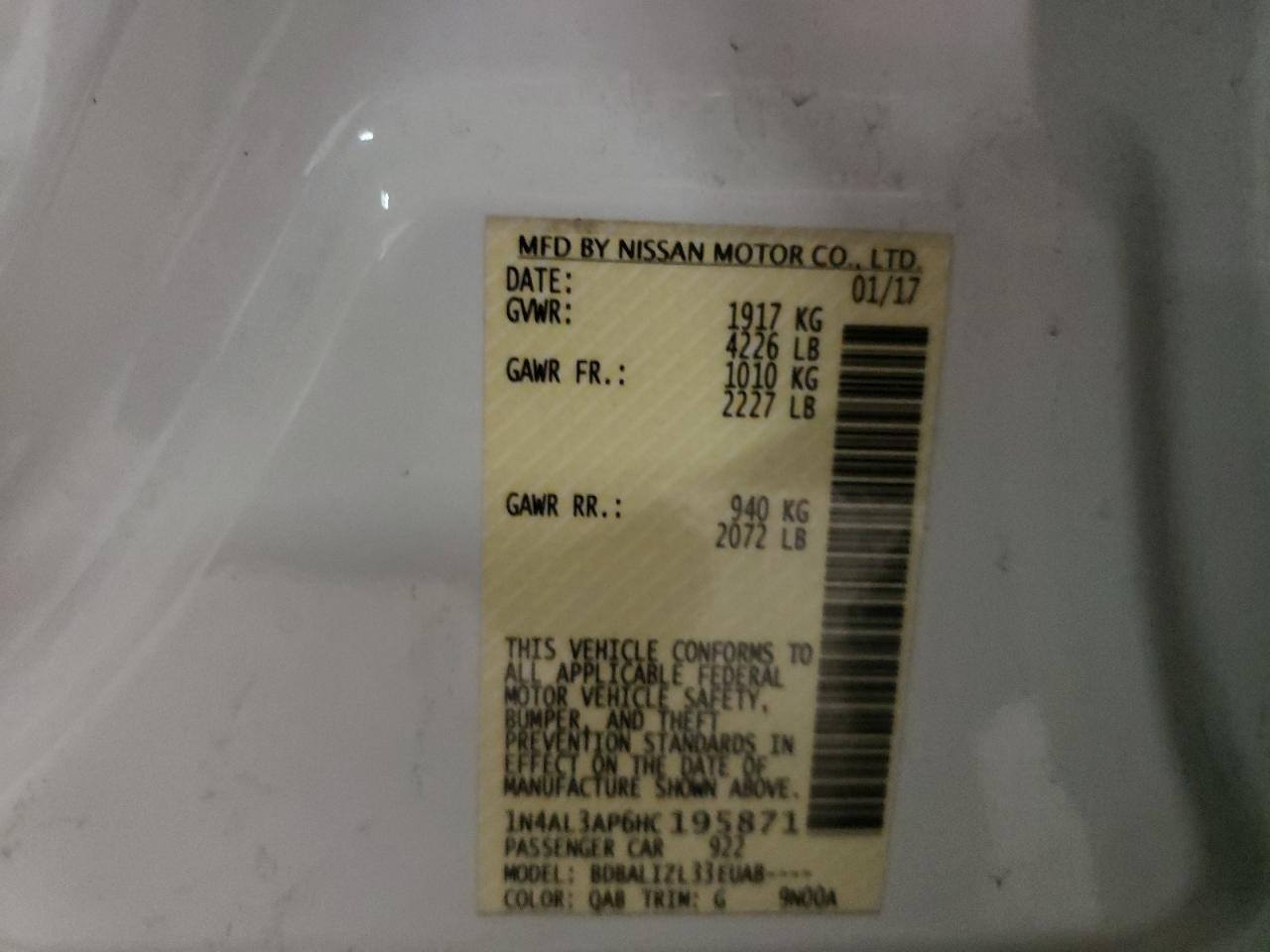 Photo 10 from auction – 2017 NISSAN ALTIMA SV with VIN 1N4AL3AP6HC195871