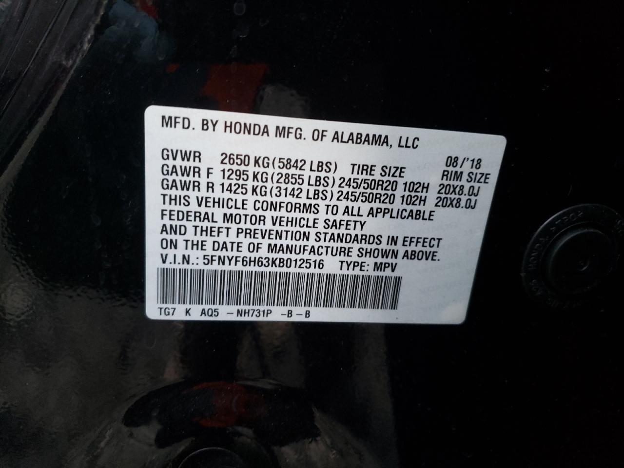 Photo 10 from auction – 2019 HONDA PILOT TOUR with VIN 5FNYF6H63KB012516