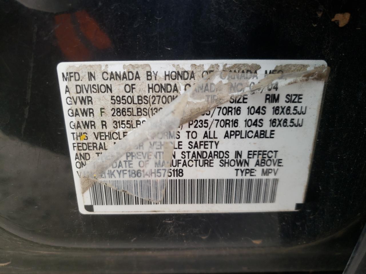 Photo 10 from auction – 2004 HONDA PILOT EXL with VIN 2HKYF18614H575118