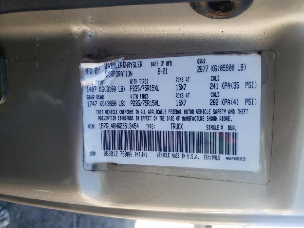 Photo 10 from auction – 2002 DODGE DAKOTA SLT with VIN 1B7GL46N62S513454