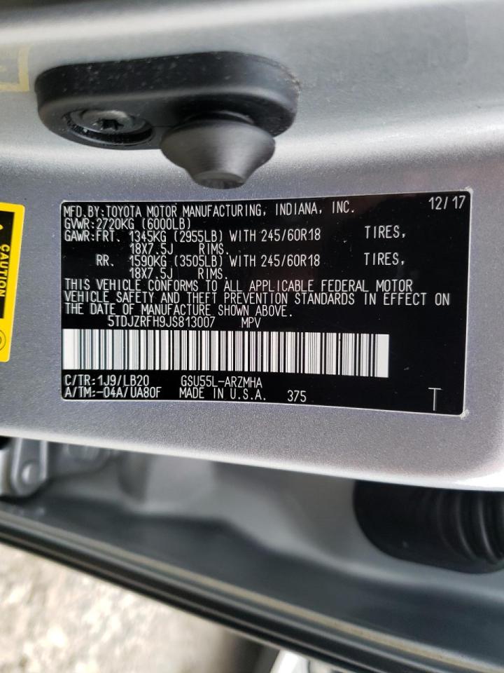 Photo 10 from auction – 2018 TOYOTA HIGHLANDER with VIN 5TDJZRFH9JS813007