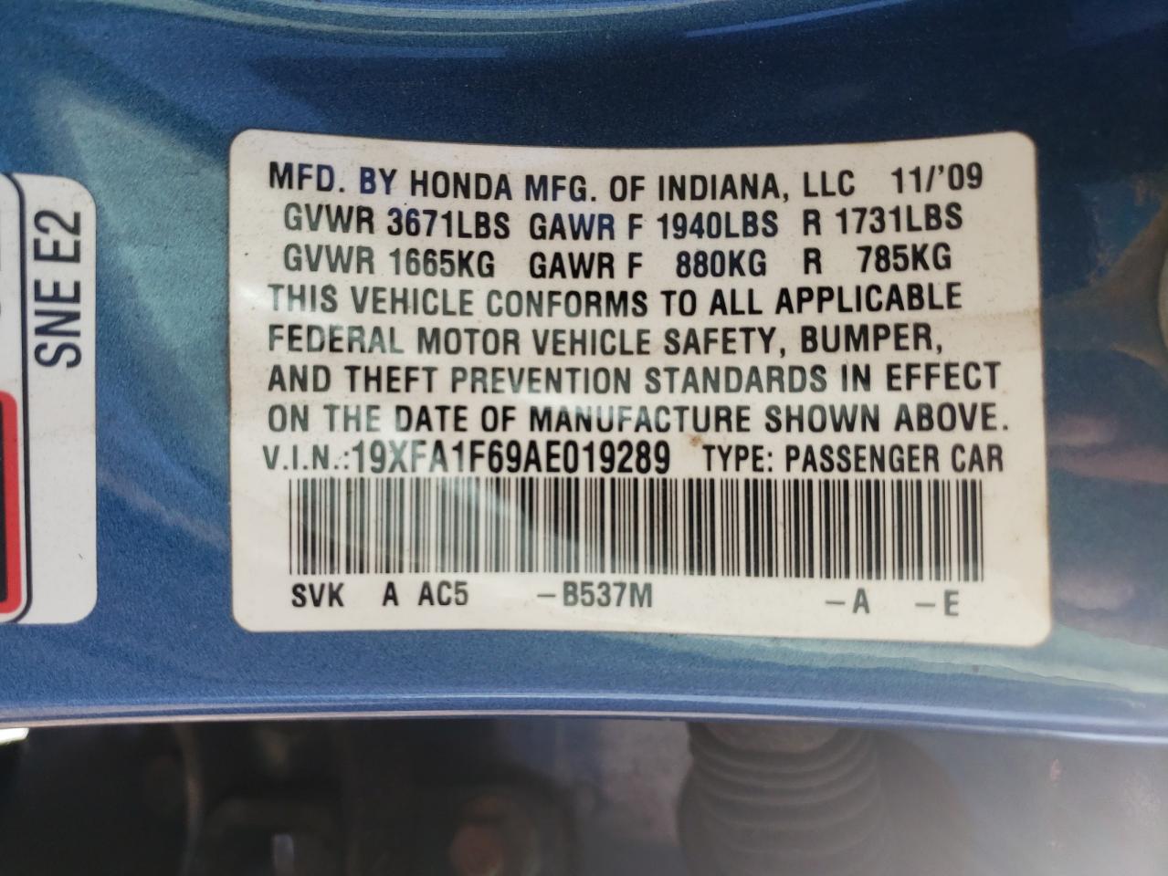 Photo 10 from auction – 2010 HONDA CIVIC LX-S with VIN 19XFA1F69AE019289