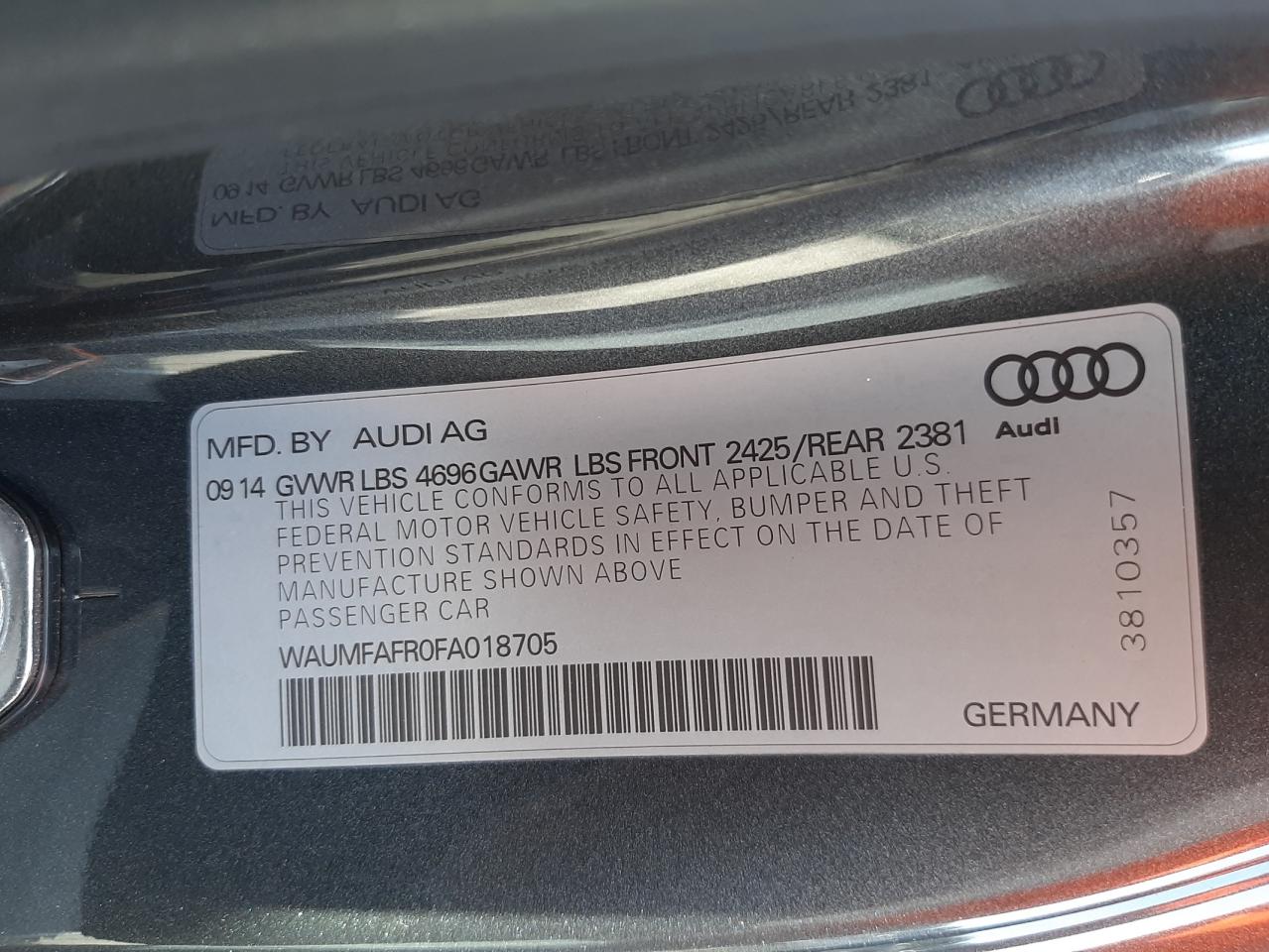 Photo 10 from auction – 2015 AUDI A5 PREMIUM with VIN WAUMFAFR0FA018705