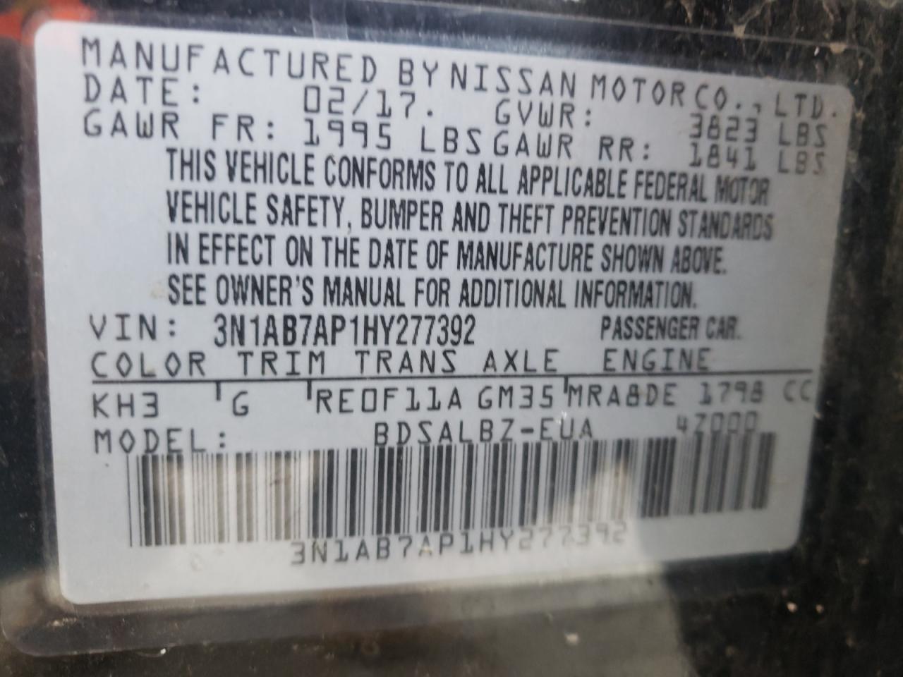 Photo 10 from auction – 2017 NISSAN SENTRA S with VIN 3N1AB7AP1HY277392