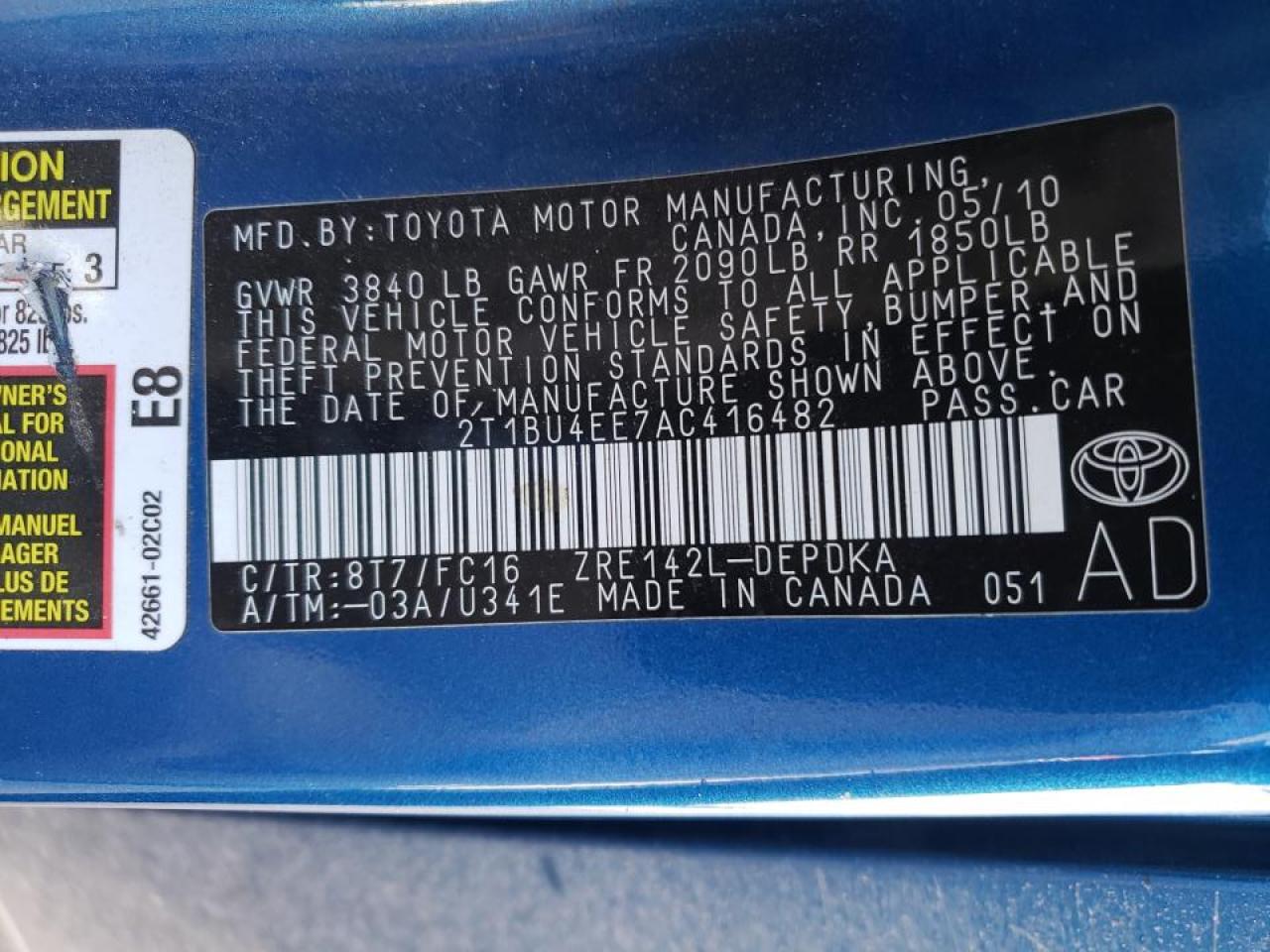 Photo 10 from auction – 2010 TOYOTA COROLLA BA with VIN 2T1BU4EE7AC416482