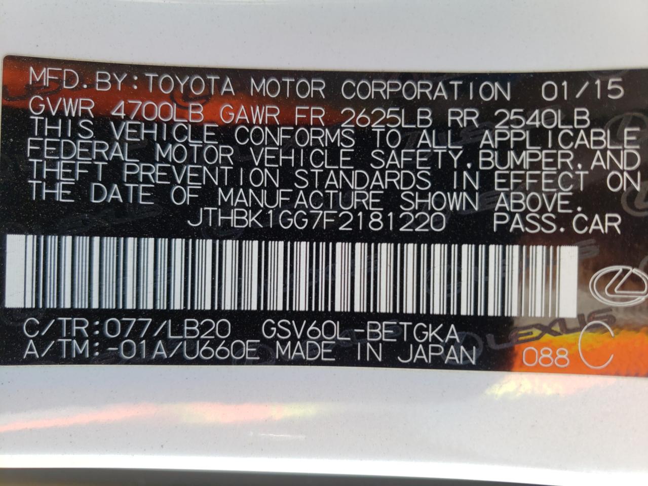 Photo 10 from auction – 2015 LEXUS ES 350 with VIN JTHBK1GG7F2181220