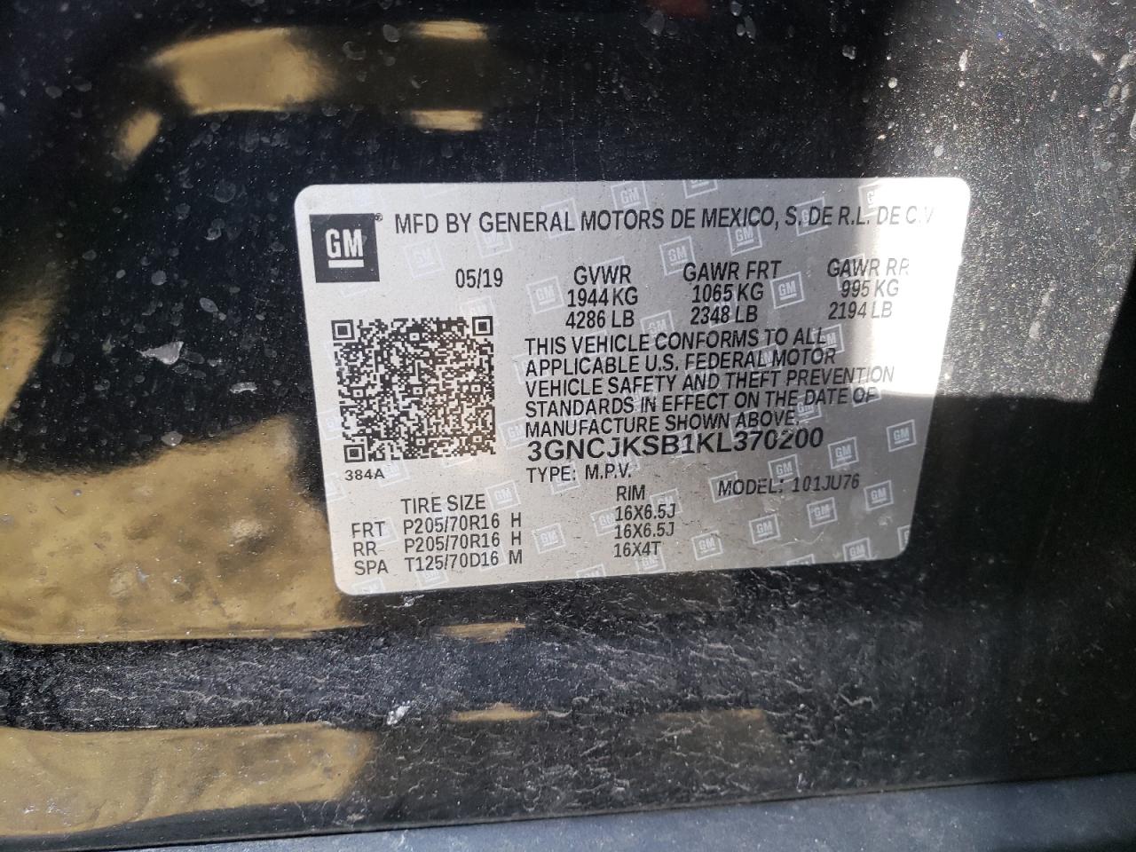 Photo 10 from auction – 2019 CHEVROLET TRAX LS with VIN 3GNCJKSB1KL370200