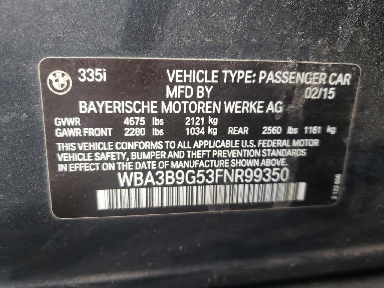 Photo 10 from auction – 2015 BMW 335 XI with VIN WBA3B9G53FNR99350