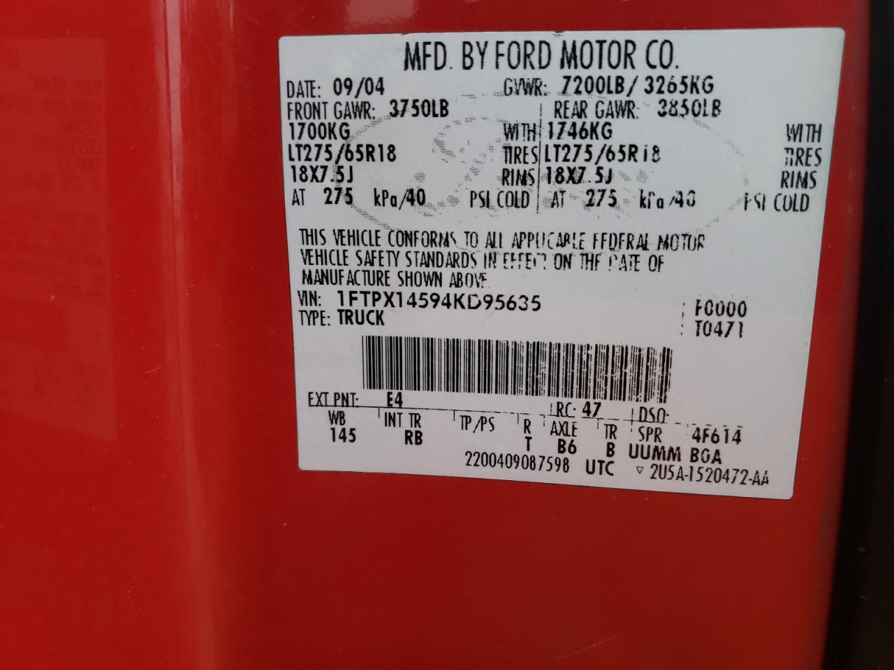 Photo 10 from auction – 2004 FORD F150 with VIN 1FTPX14594KD95635