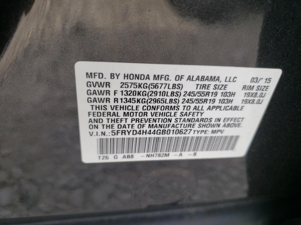 Photo 10 from auction – 2016 ACURA MDX TECHNO with VIN 5FRYD4H44GB010627