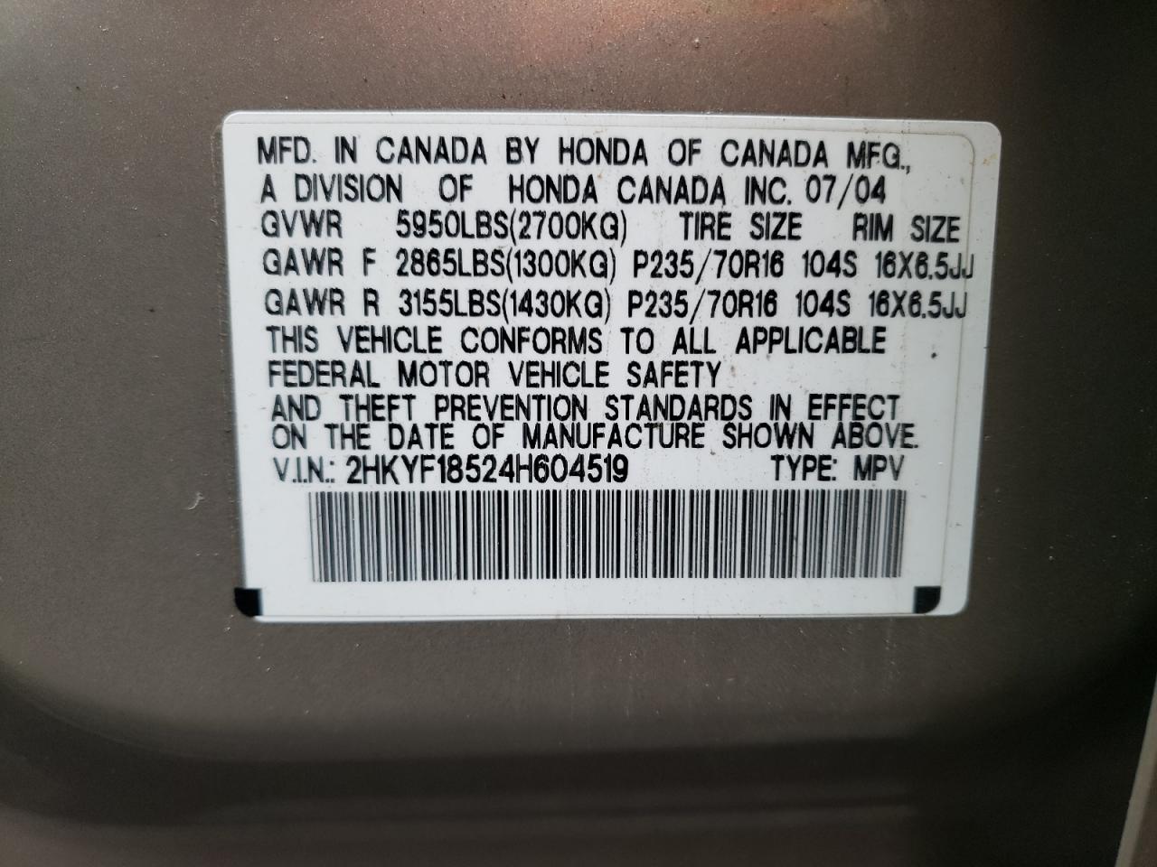 Photo 10 from auction – 2004 HONDA PILOT EXL with VIN 2HKYF18524H604519