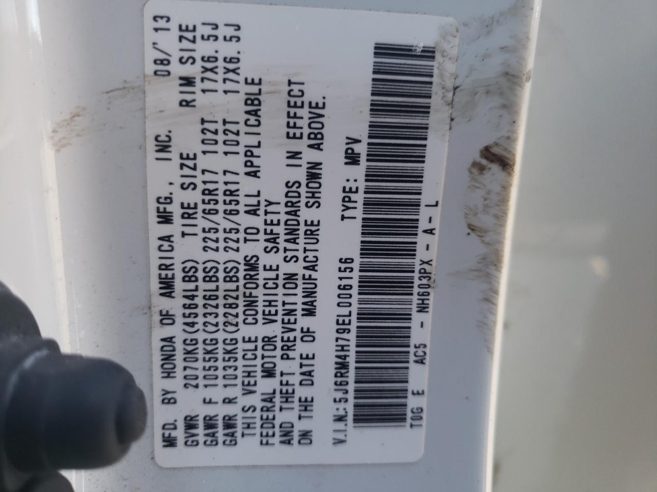 Photo 10 from auction – 2014 HONDA CR-V EXL with VIN 5J6RM4H79EL006156