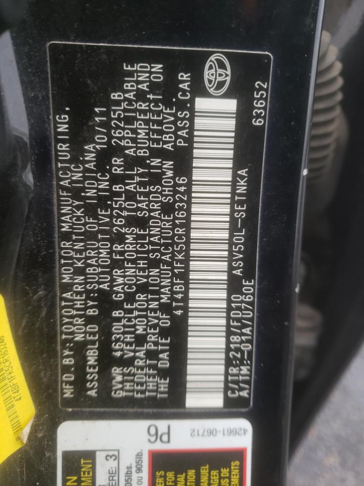 Photo 10 from auction – 2012 TOYOTA CAMRY BASE with VIN 4T4BF1FK5CR163246