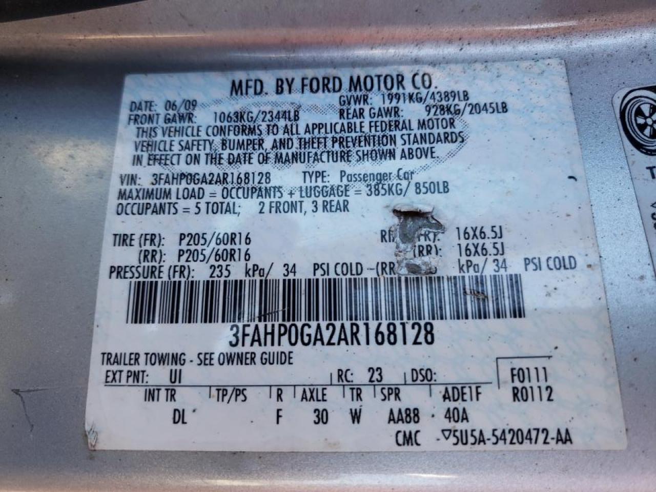 Photo 10 from auction – 2010 FORD FUSION S with VIN 3FAHP0GA2AR168128