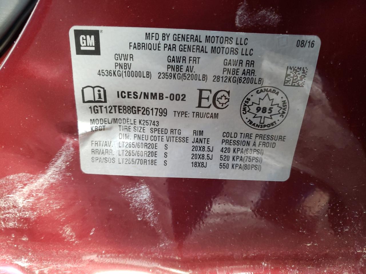 Photo 10 from auction – 2016 GMC SIERRA K25 with VIN 1GT12TE88GF261799