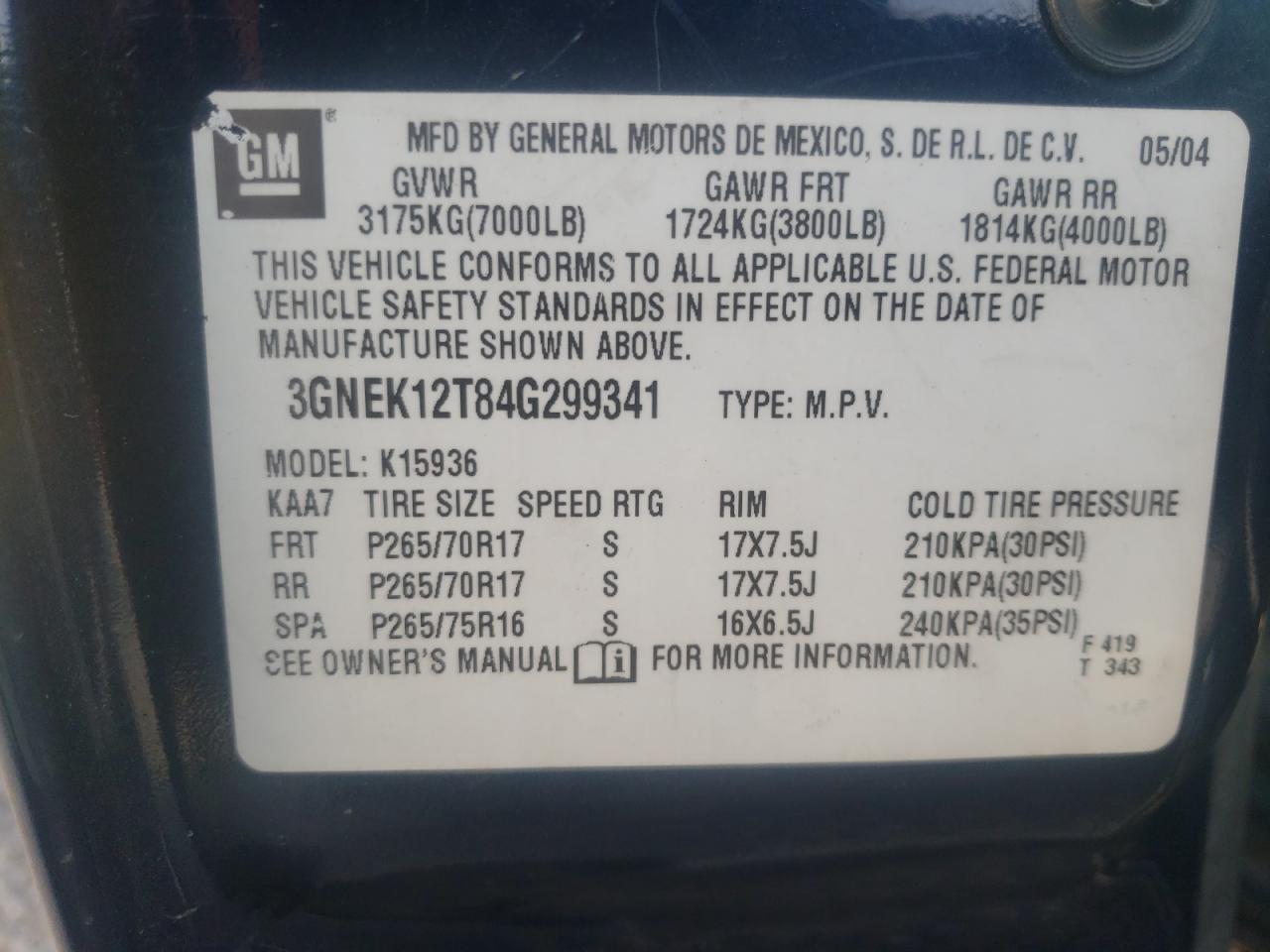 Photo 10 from auction – 2004 CHEVROLET AVALANCHE with VIN 3GNEK12T84G299341