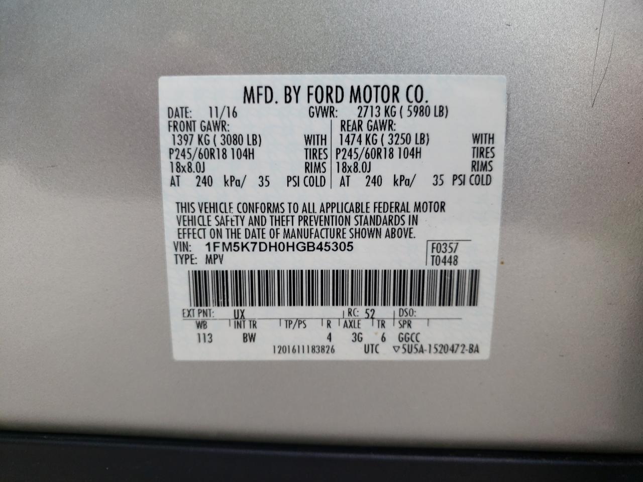Photo 10 from auction – 2017 FORD EXPLORER X with VIN 1FM5K7DH0HGB45305