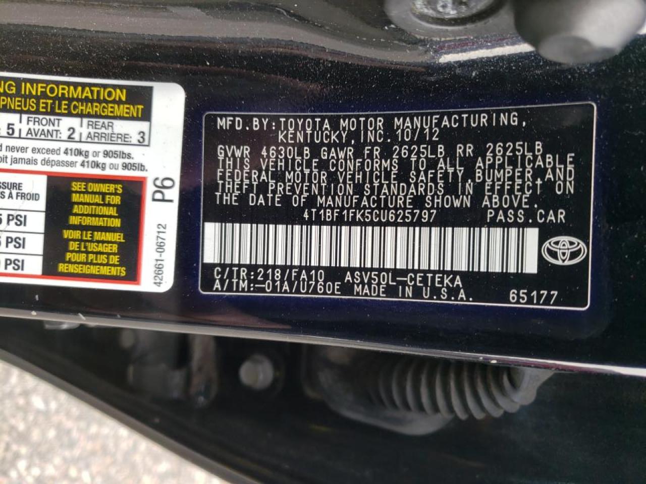 Zdjęcie 10 z aukcji – 2012 TOYOTA CAMRY BASE z VIN 4T1BF1FK5CU625797