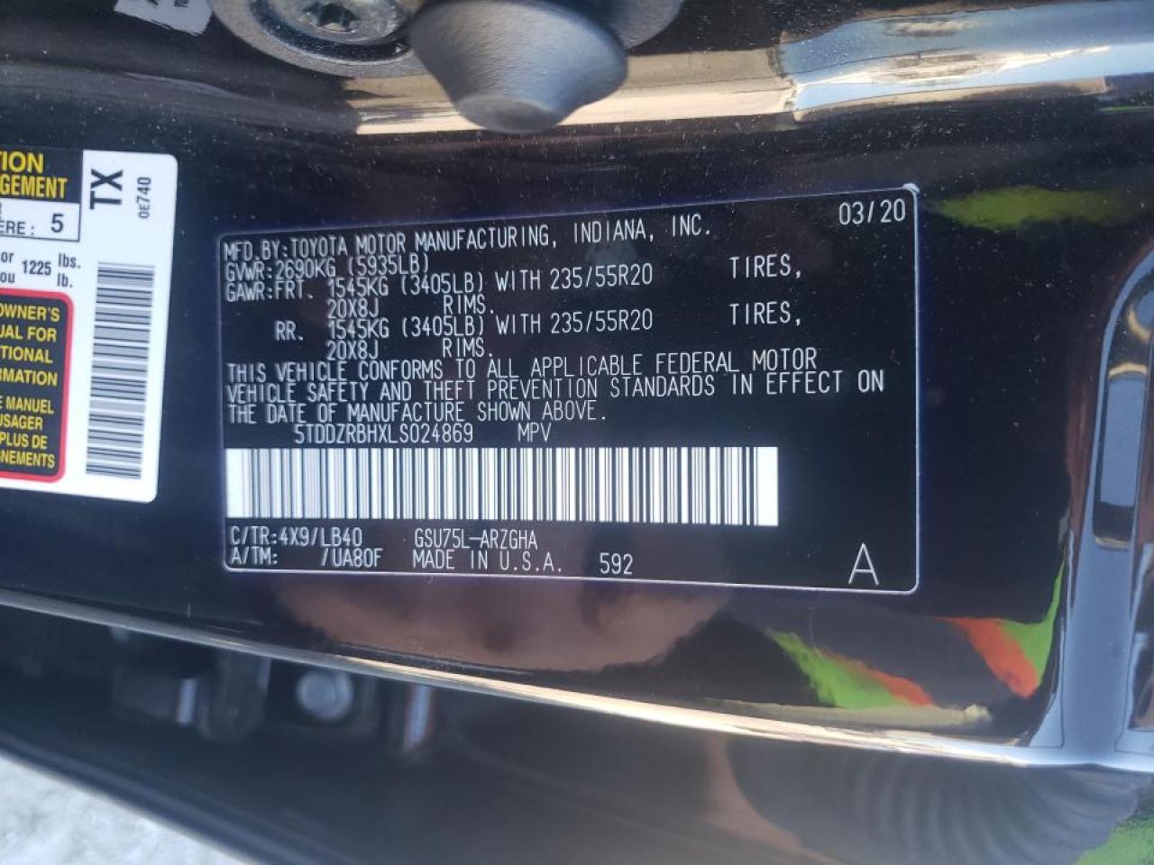 Photo 10 from auction – 2020 TOYOTA HIGHLANDER with VIN 5TDDZRBHXLS024869