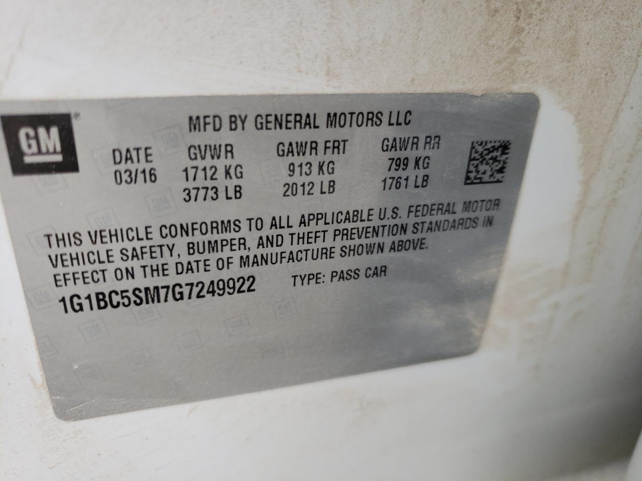 Photo 10 from auction – 2016 CHEVROLET CRUZE LS with VIN 1G1BC5SM7G7249922