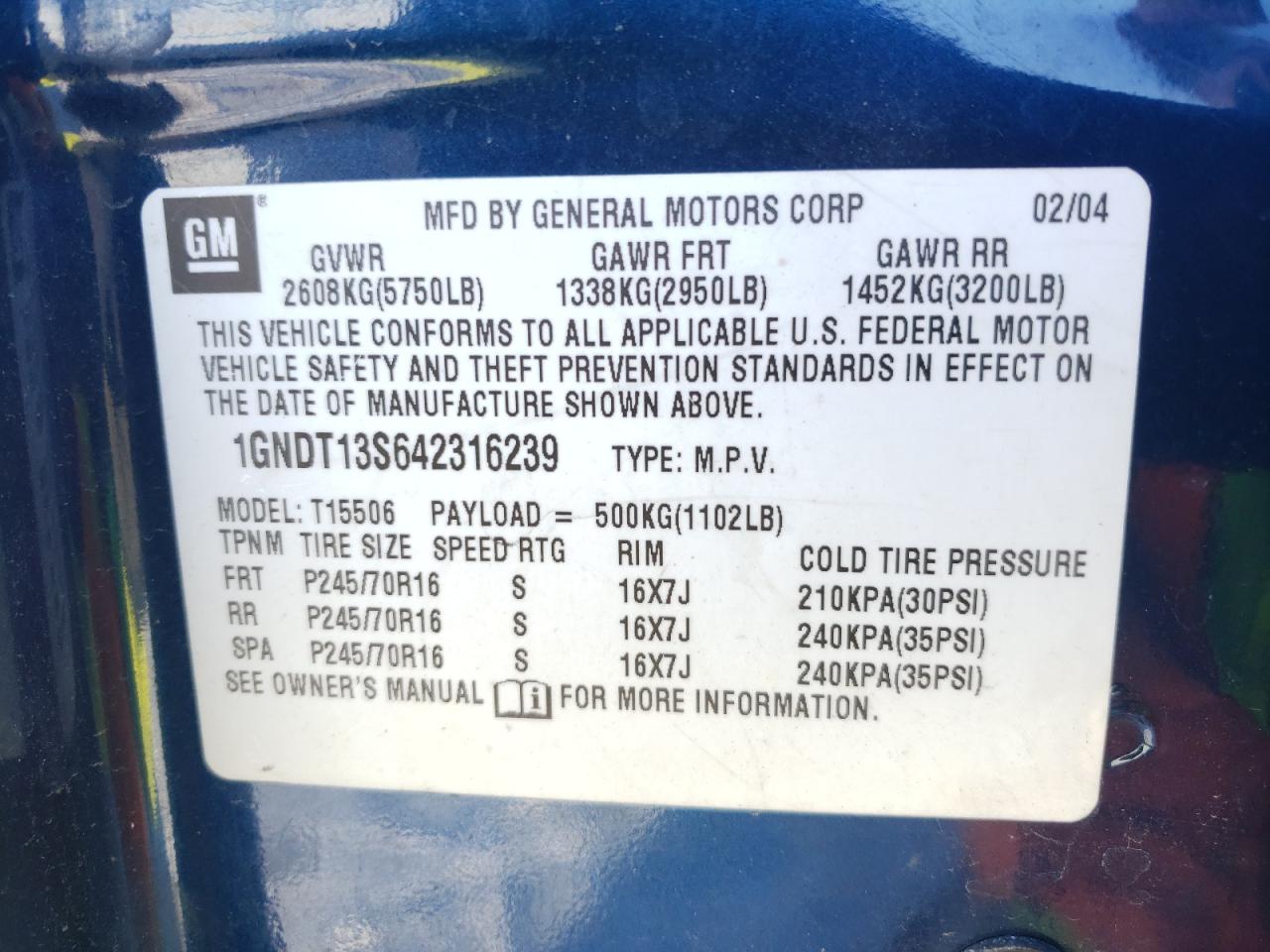 Photo 10 from auction – 2004 CHEVROLET TRAILBLAZE with VIN 1GNDT13S642316239