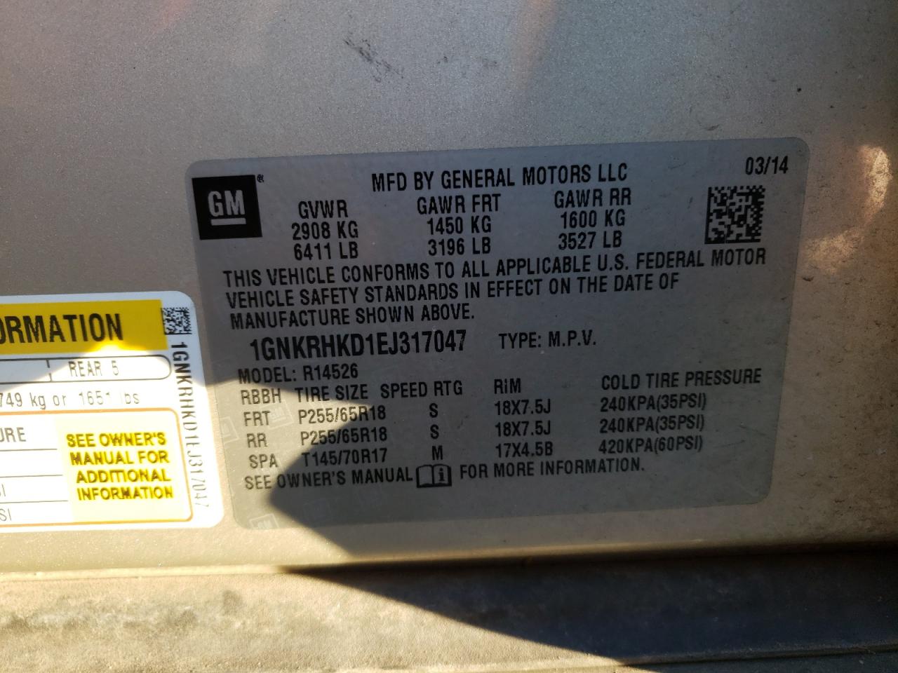 Photo 10 from auction – 2014 CHEVROLET TRAVERSE L with VIN 1GNKRHKD1EJ317047