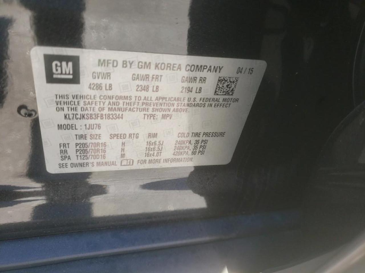 Photo 10 from auction – 2015 CHEVROLET TRAX with VIN KL7CJKSB3FB183344