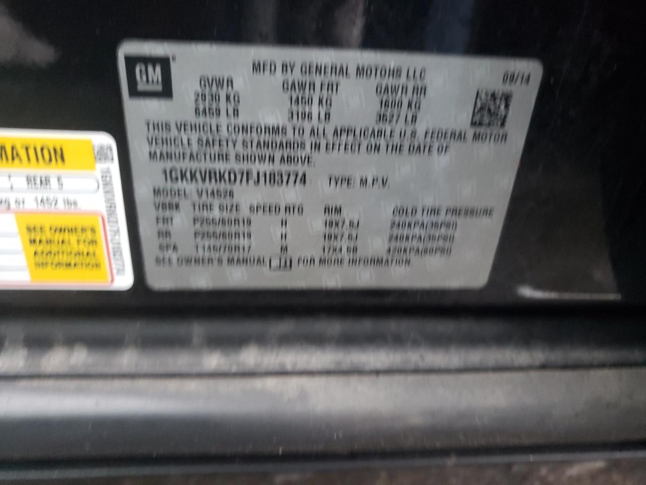 Photo 10 from auction – 2015 GMC ACADIA SLT with VIN 1GKKVRKD7FJ183774