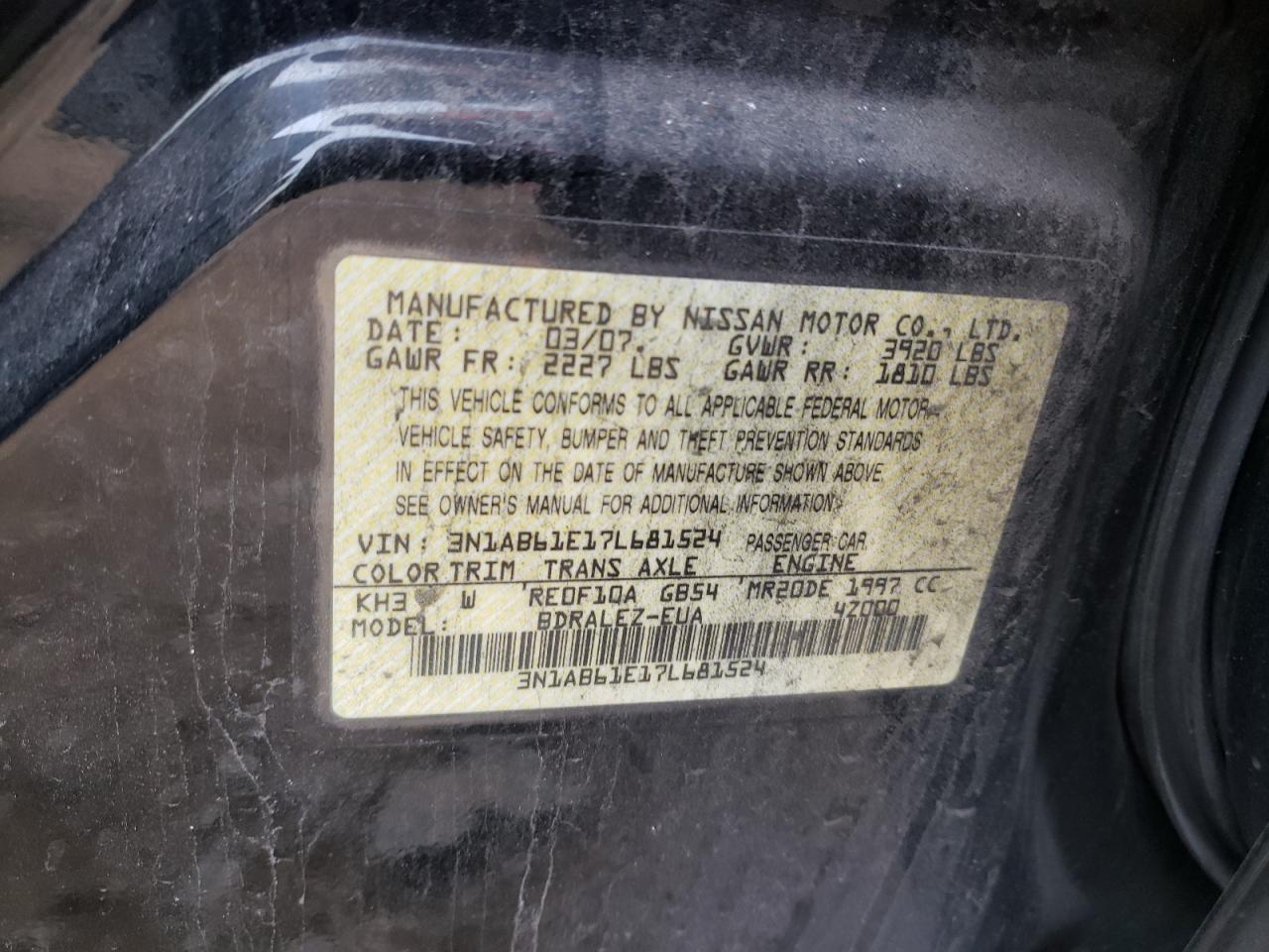 Photo 10 from auction – 2007 NISSAN SENTRA 2.0 with VIN 3N1AB61E17L681524