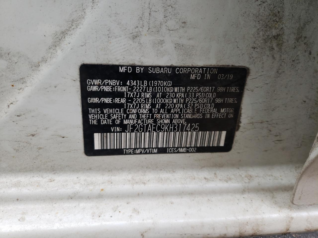 Photo 10 from auction – 2019 SUBARU CROSSTREK with VIN JF2GTAEC9KH317425