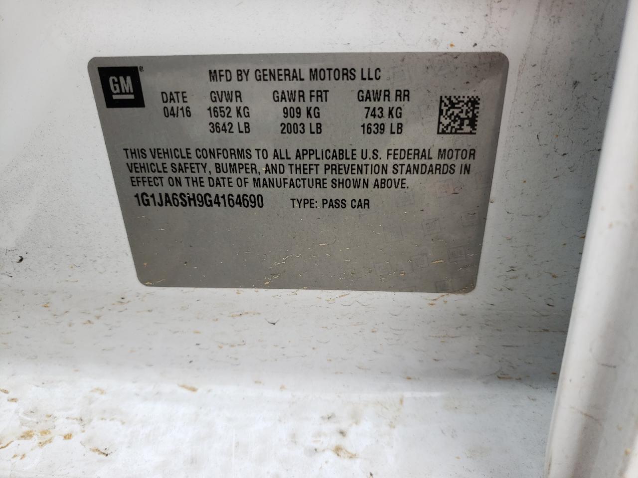 Photo 10 from auction – 2016 CHEVROLET SONIC LS with VIN 1G1JA6SH9G4164690