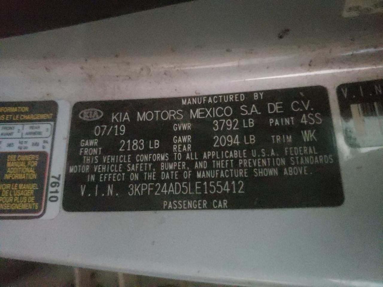 Photo 10 from auction – 2020 KIA FORTE FE with VIN 3KPF24AD5LE155412