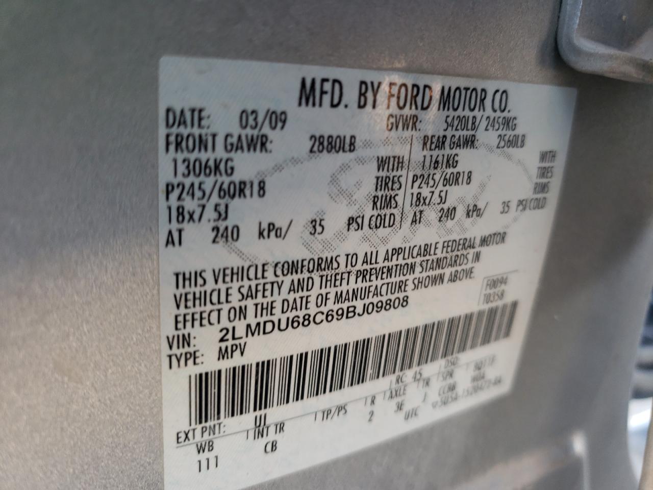 Photo 10 from auction – 2009 LINCOLN MKX with VIN 2LMDU68C69BJ09808