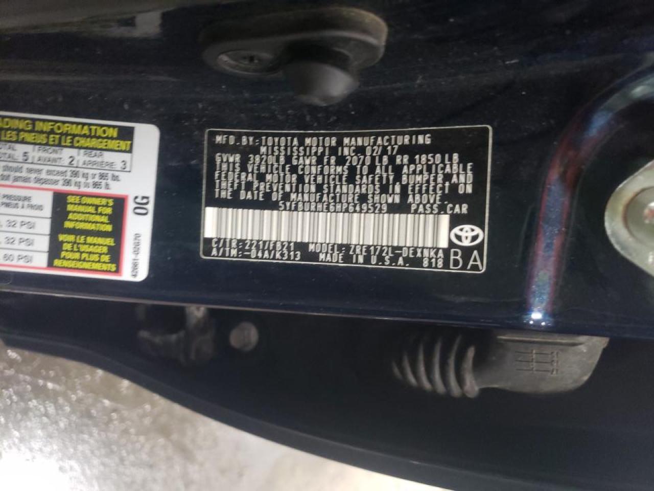 Photo 10 from auction – 2017 TOYOTA COROLLA L with VIN 5YFBURHE6HP649529