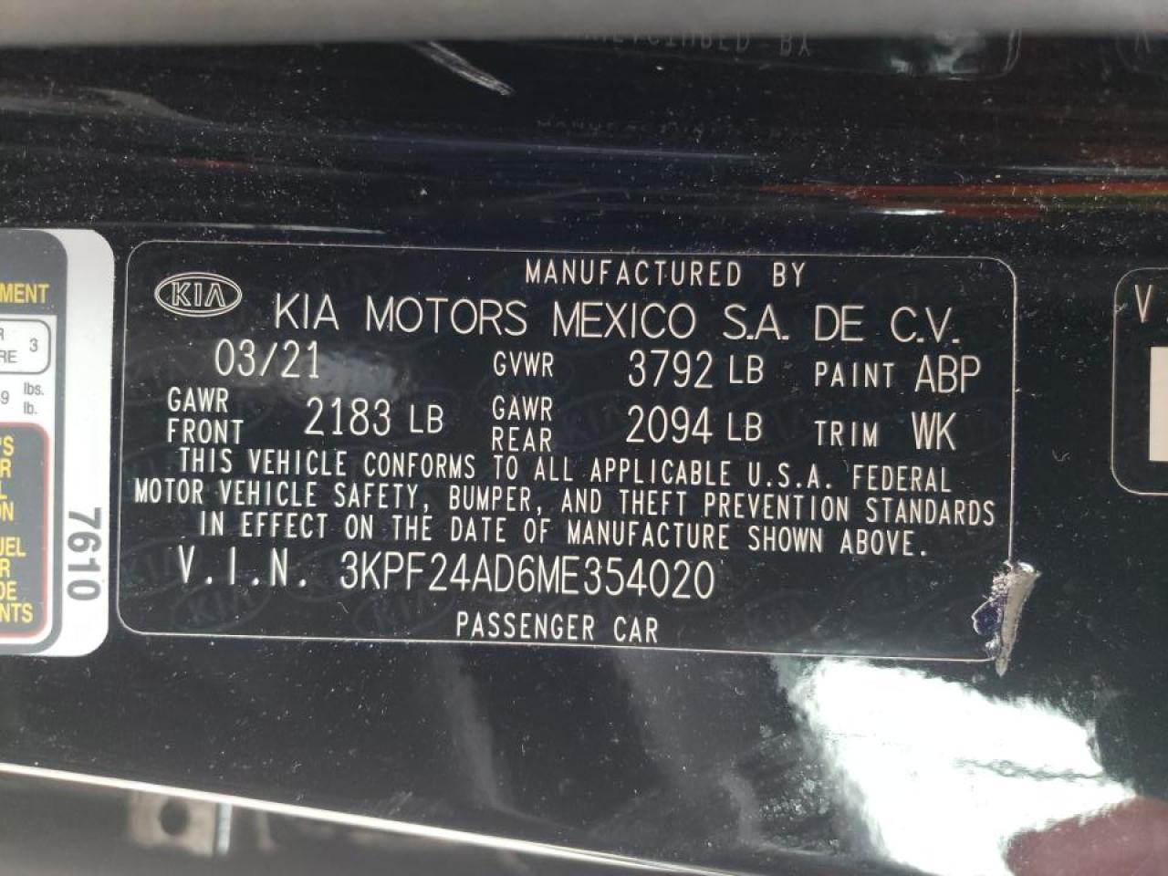 Photo 10 from auction – 2021 KIA FORTE FE with VIN 3KPF24AD6ME354020