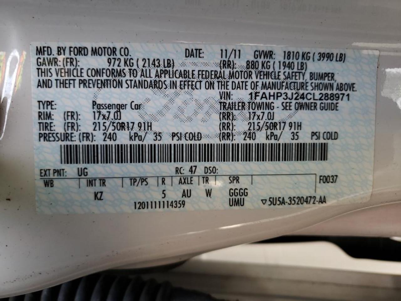 Photo 10 from auction – 2012 FORD FOCUS TITA with VIN 1FAHP3J24CL288971