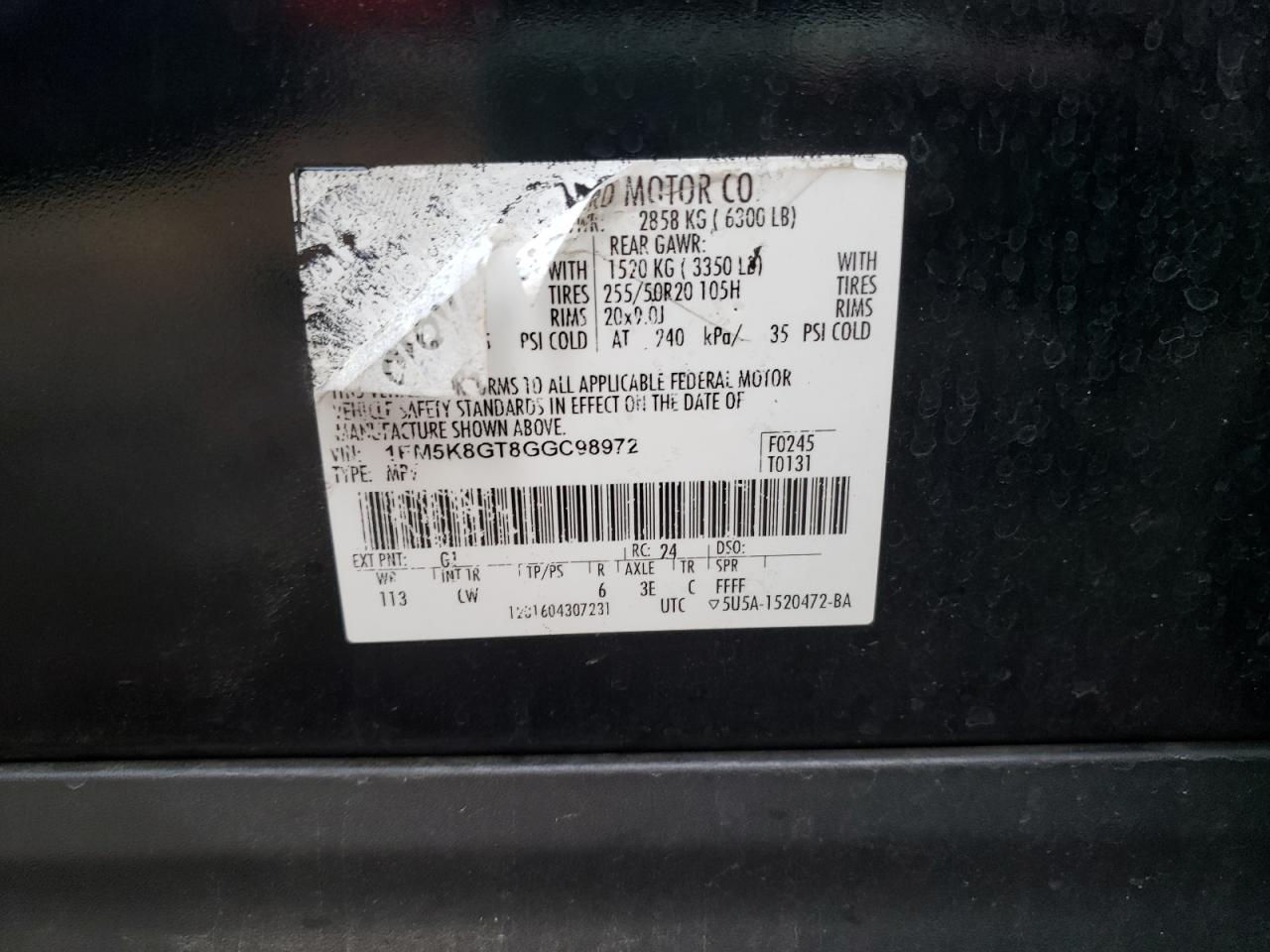 Photo 10 from auction – 2016 FORD EXPLORER S with VIN 1FM5K8GT8GGC98972