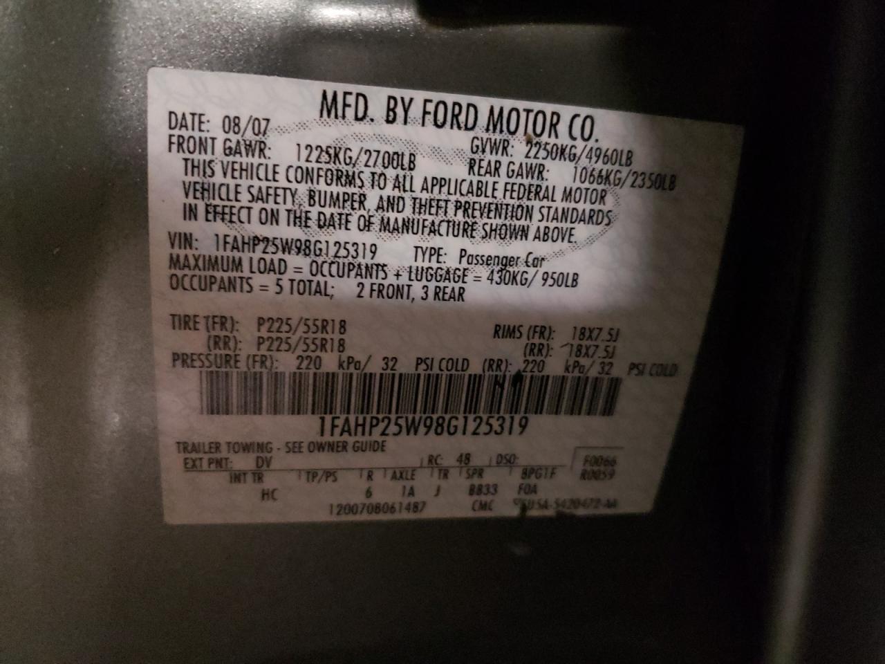 Photo 10 from auction – 2008 FORD TAURUS LIM with VIN 1FAHP25W98G125319