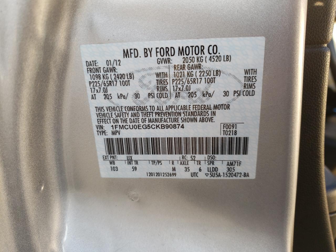 Photo 10 from auction – 2012 FORD ESCAPE LIM with VIN 1FMCU0EG5CKB90874