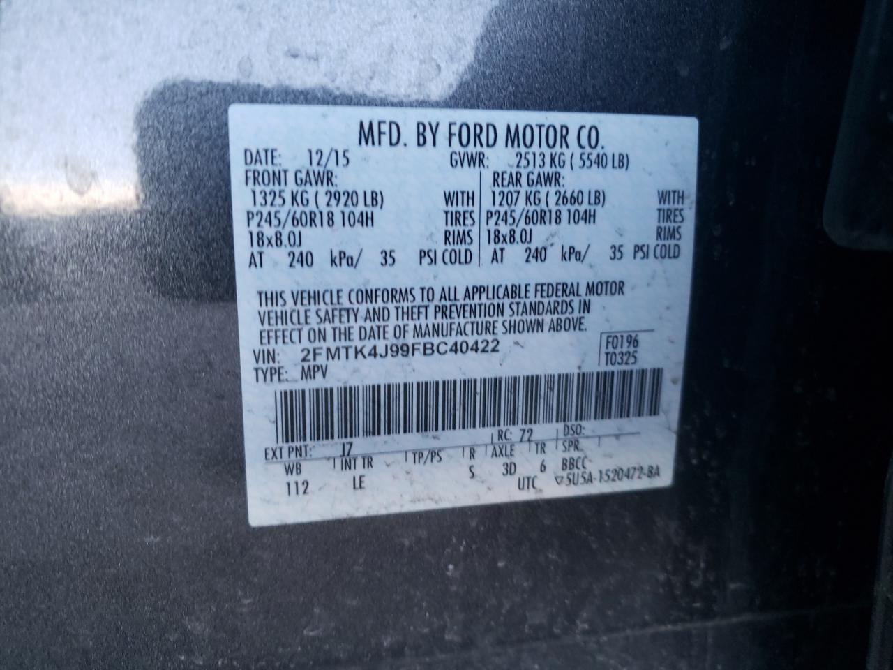 Photo 10 from auction – 2015 FORD EDGE SEL with VIN 2FMTK4J99FBC40422