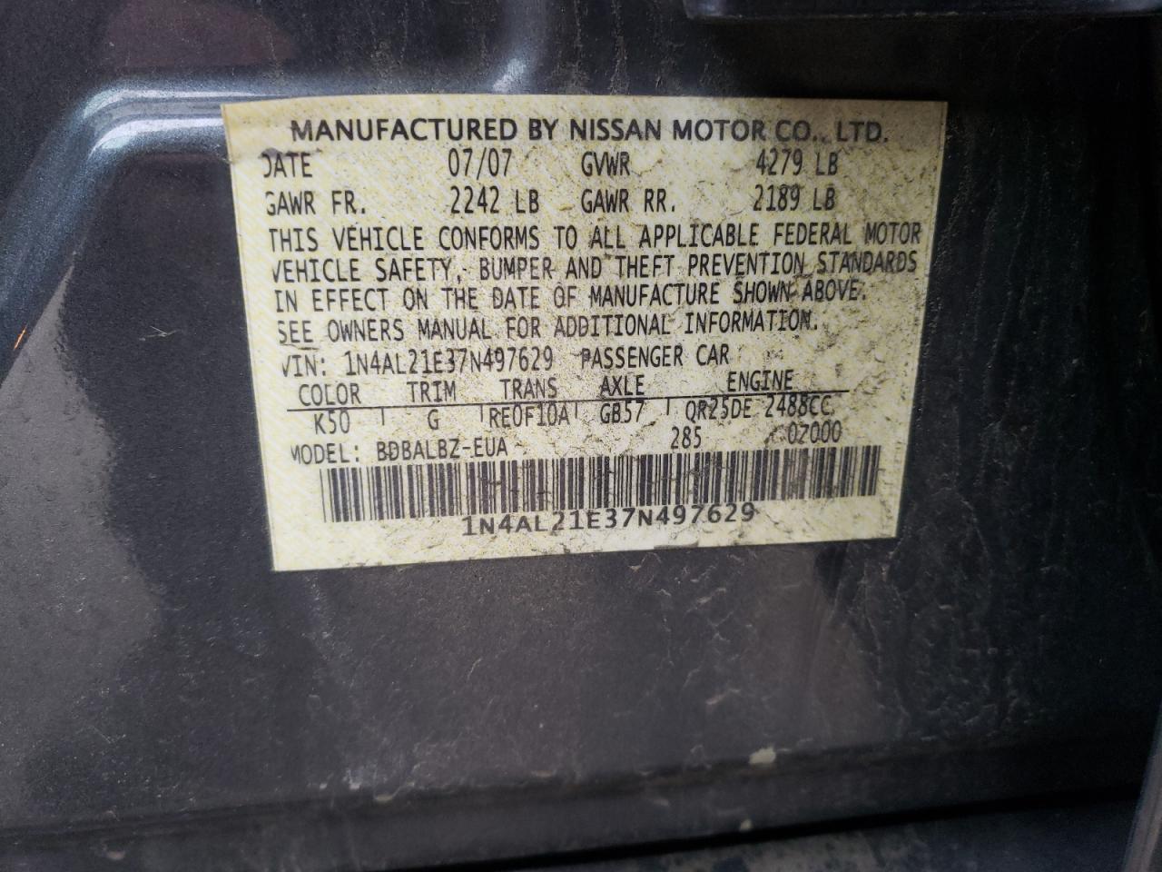 Photo 10 from auction – 2007 NISSAN ALTIMA with VIN 1N4AL21E37N497629