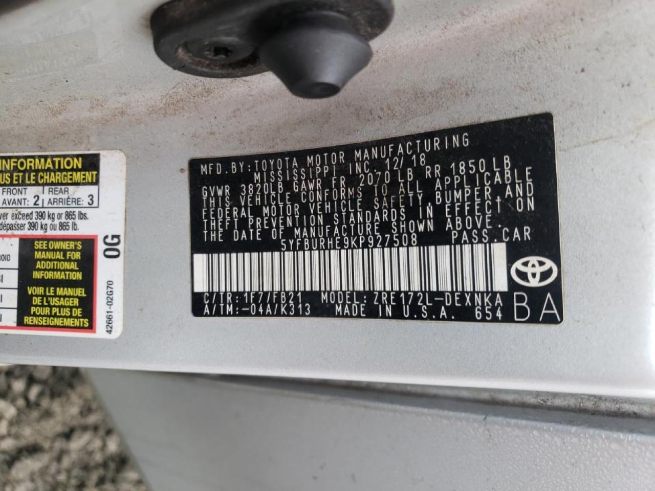Photo 10 from auction – 2019 TOYOTA COROLLA L with VIN 5YFBURHE9KP927508