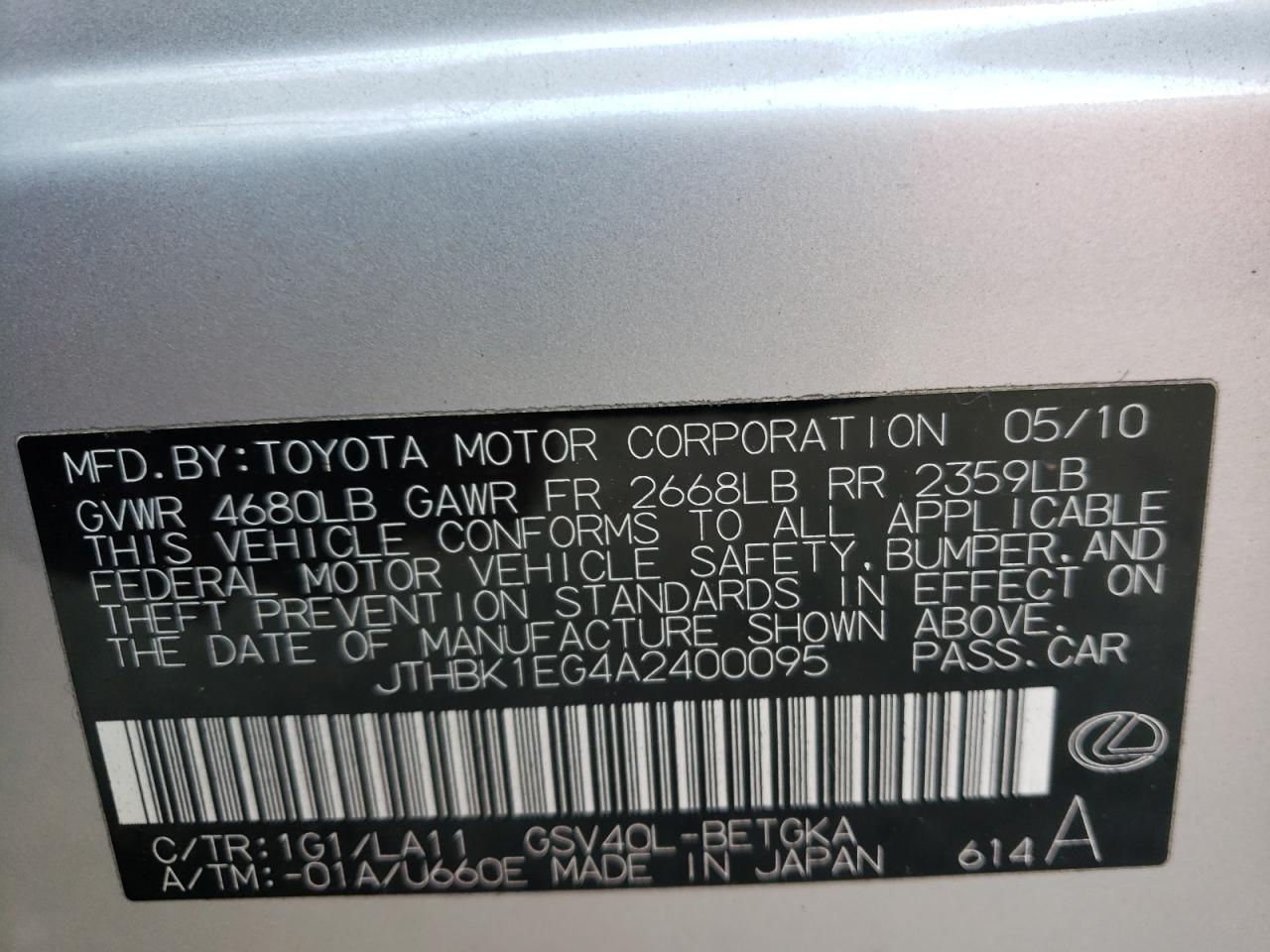 Photo 10 from auction – 2010 LEXUS ES 350 with VIN JTHBK1EG4A2400095