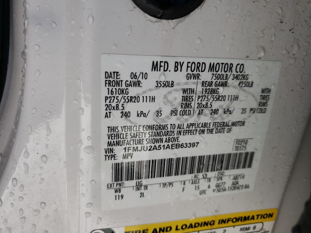 Photo 10 from auction – 2010 FORD EXPEDITION with VIN 1FMJU2A51AEB63397